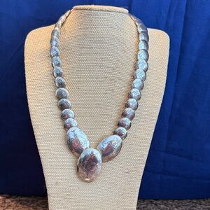 Rare Vintage Navajo Stamped Pillow Bead Silver 22” Necklace w. Floral Engravings